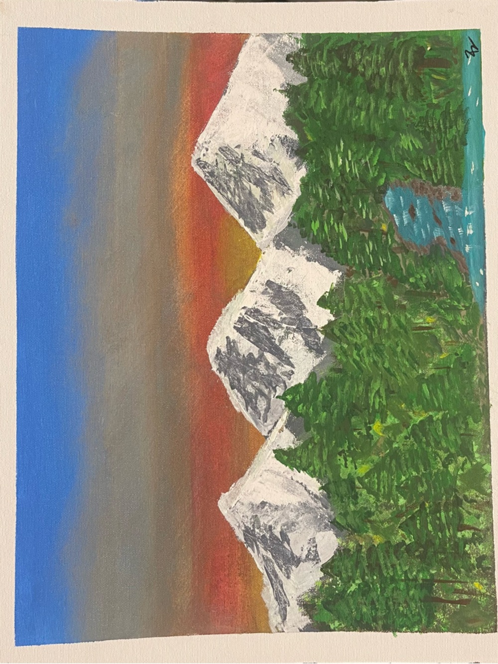 Hand-Painted Mountain Landscape Wall Art - Green, Blue, White